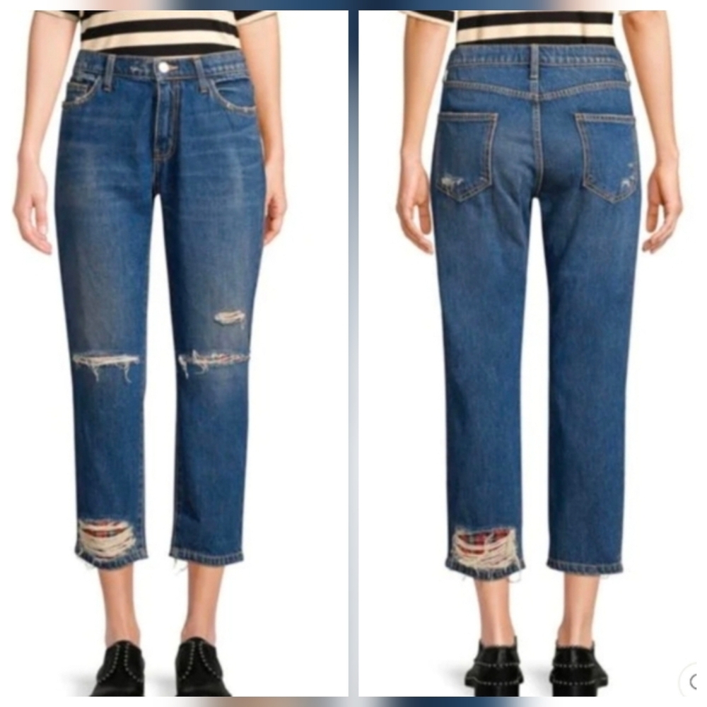 ❤️ CURRENT ELLIOTT CROPPED FLING PEEK-A-BOO PLAID BOYFRIEND JEANS, 0 (25)